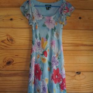 Vintage Ralph Lauren Blue Floral Silk Midi Dress